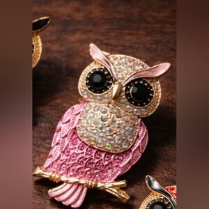 Pink & Golden, Mint Colorful Crystal Owl Brooch, Chunky